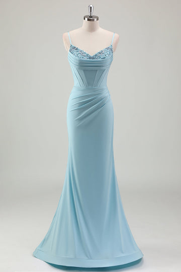 Blu sirena spaghetti cinghie raso corsetto lungo abito da ballo con perline